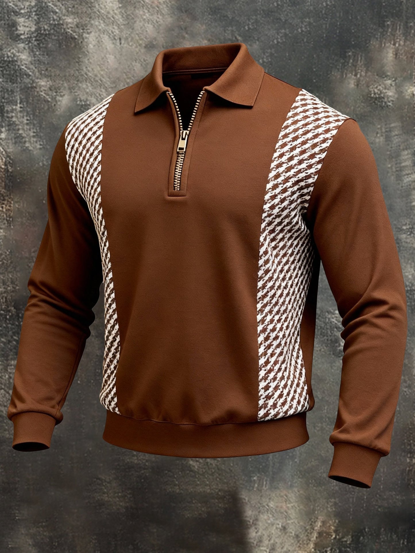 Men's Vintage Patchwork Striped Polo Collar Sweatshirt