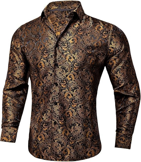 Men's Silk Paisley Dress Shirts,Paisley Gold/Black