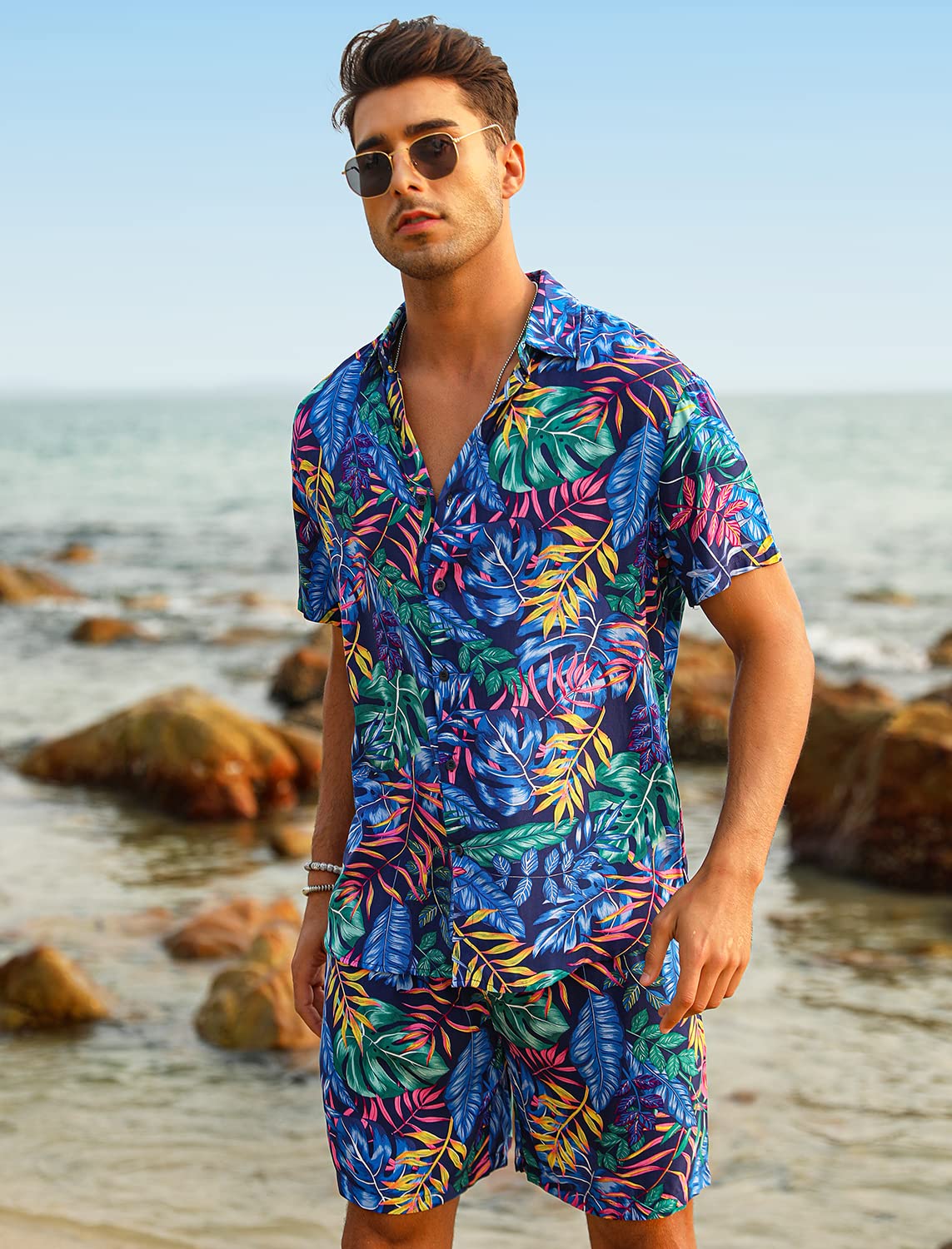 Casual Men's Apricot Vacation Style Shirt & Shorts Set