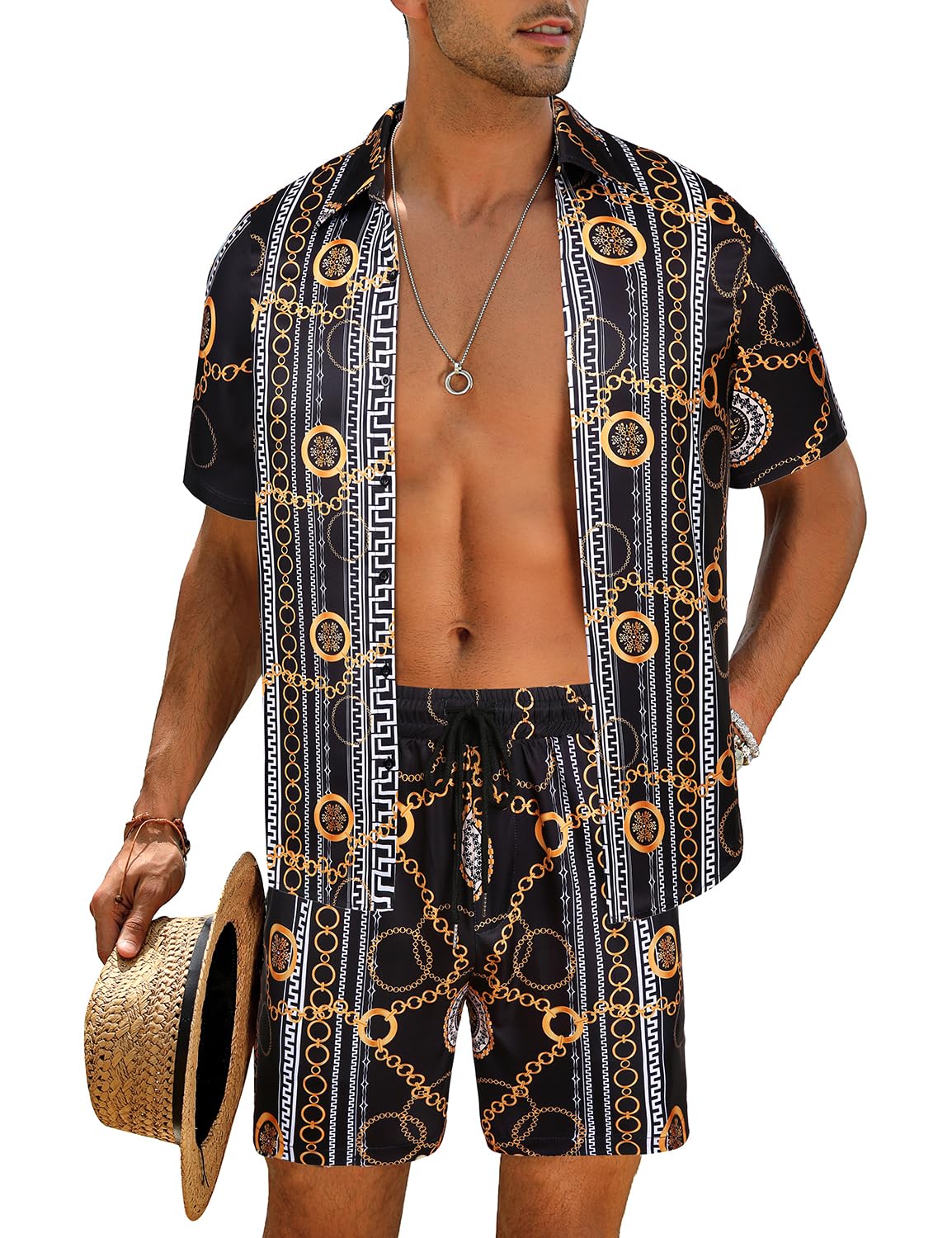 Casual Men's Apricot Vacation Style Shirt & Shorts Set