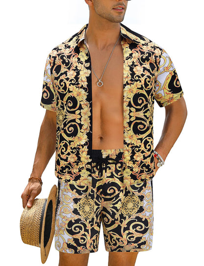 Casual Men's Apricot Vacation Style Shirt & Shorts Set