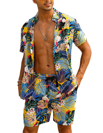 Casual Men's Apricot Vacation Style Shirt & Shorts Set