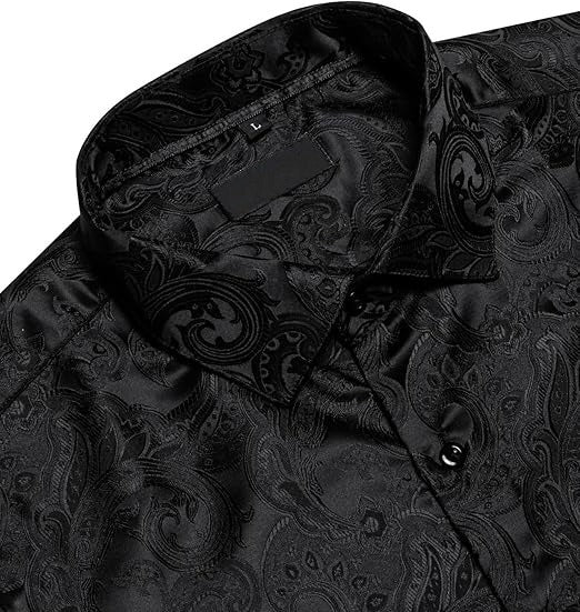 Men's Silk Paisley Dress Shirts,Black Paisley