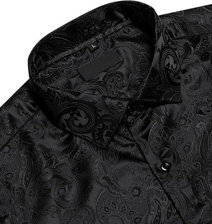 Men's Silk Paisley Dress Shirts,Black Paisley