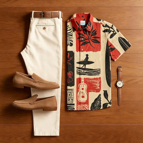 Surfer Leaf Print Beach Matching Suit Men
