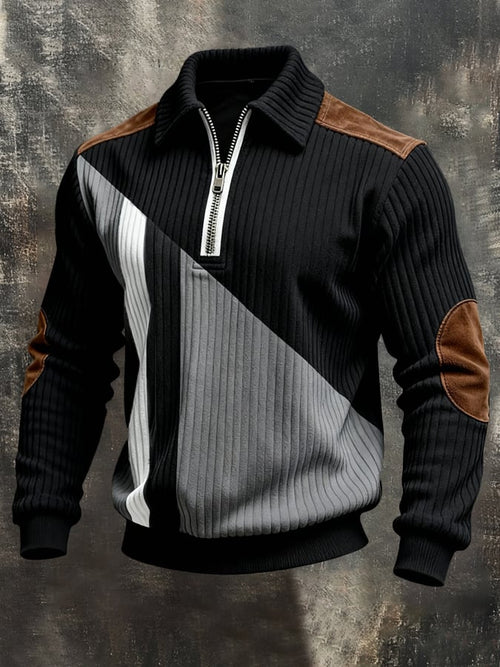 Men's Retro Color Block Print Color-Blocked Zip-Up Sweatshirt