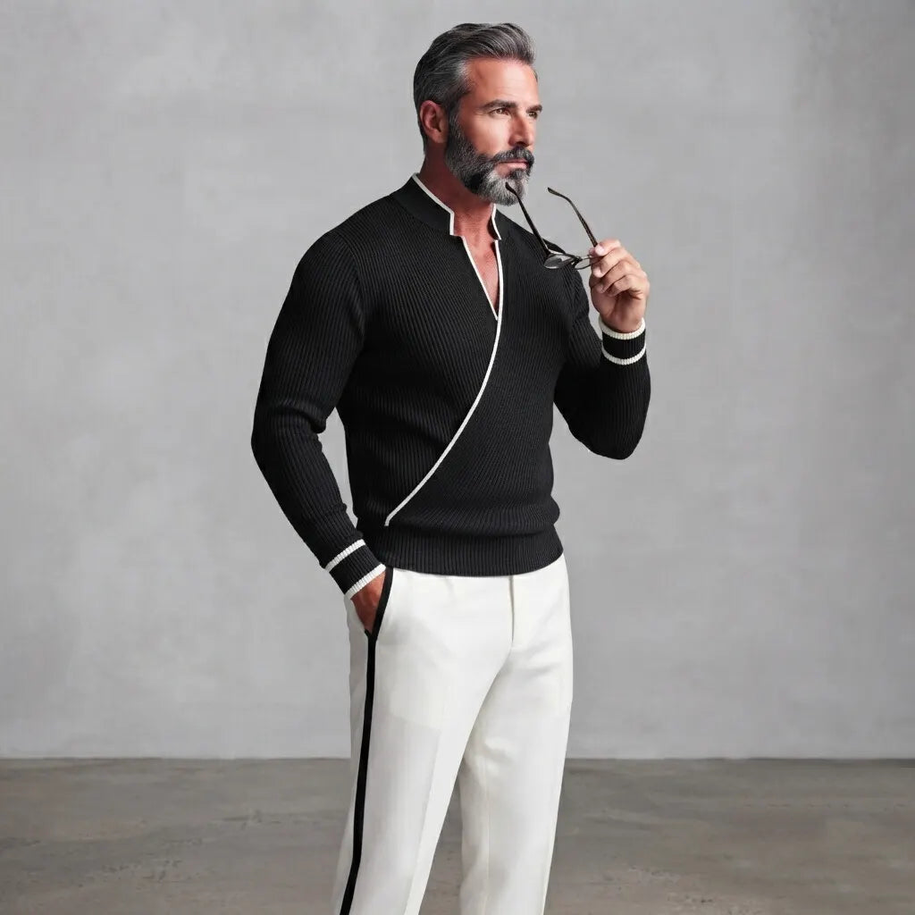 Men's Black Ribbed Knit Stand Collar Contrast Piping Slim Fit Wrapped Sweater