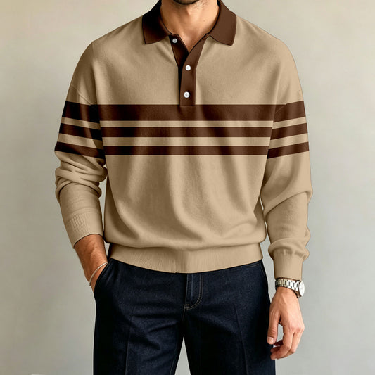 Men's Brown Striped Long-Sleeve Polo Shirt