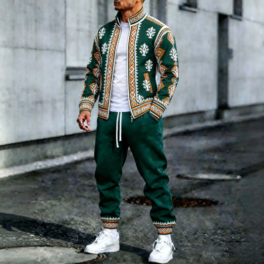 Men's Vintage Jacquard Stand-Collar Jacket and Pants Set