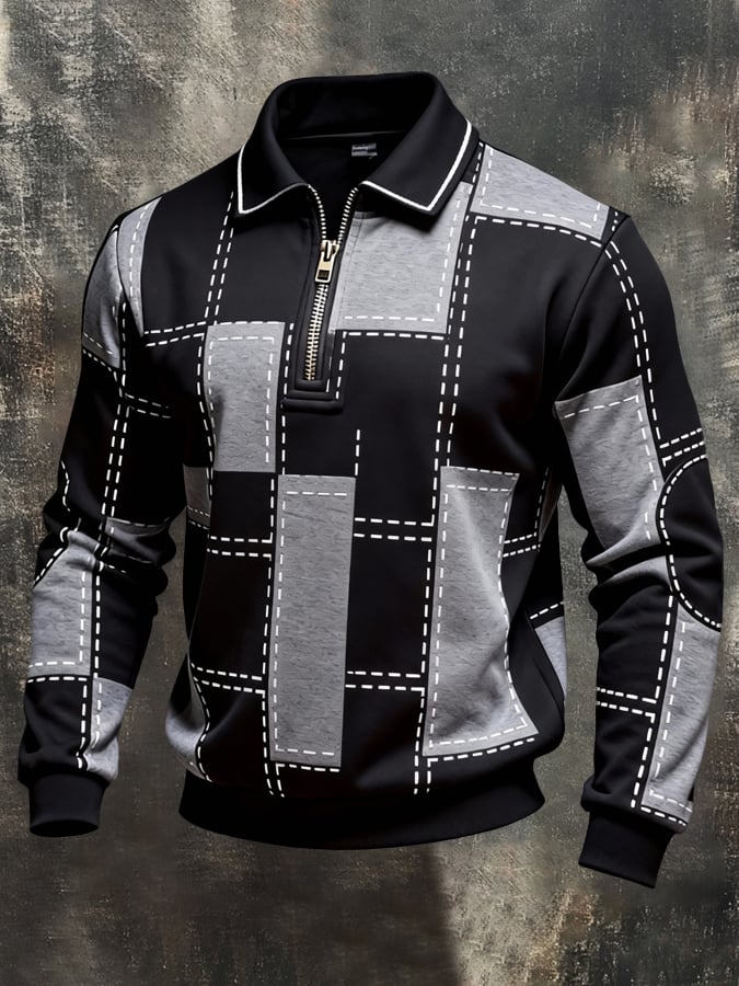 Men's Retro Color Block Print Color-Blocked Zip-Up Sweatshirt