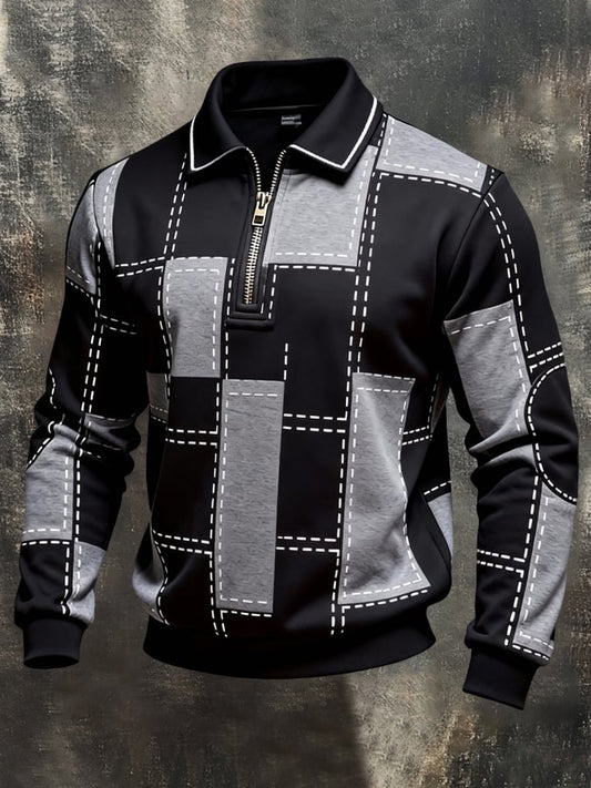 Men's Retro Color Block Print Color-Blocked Zip-Up Sweatshirt