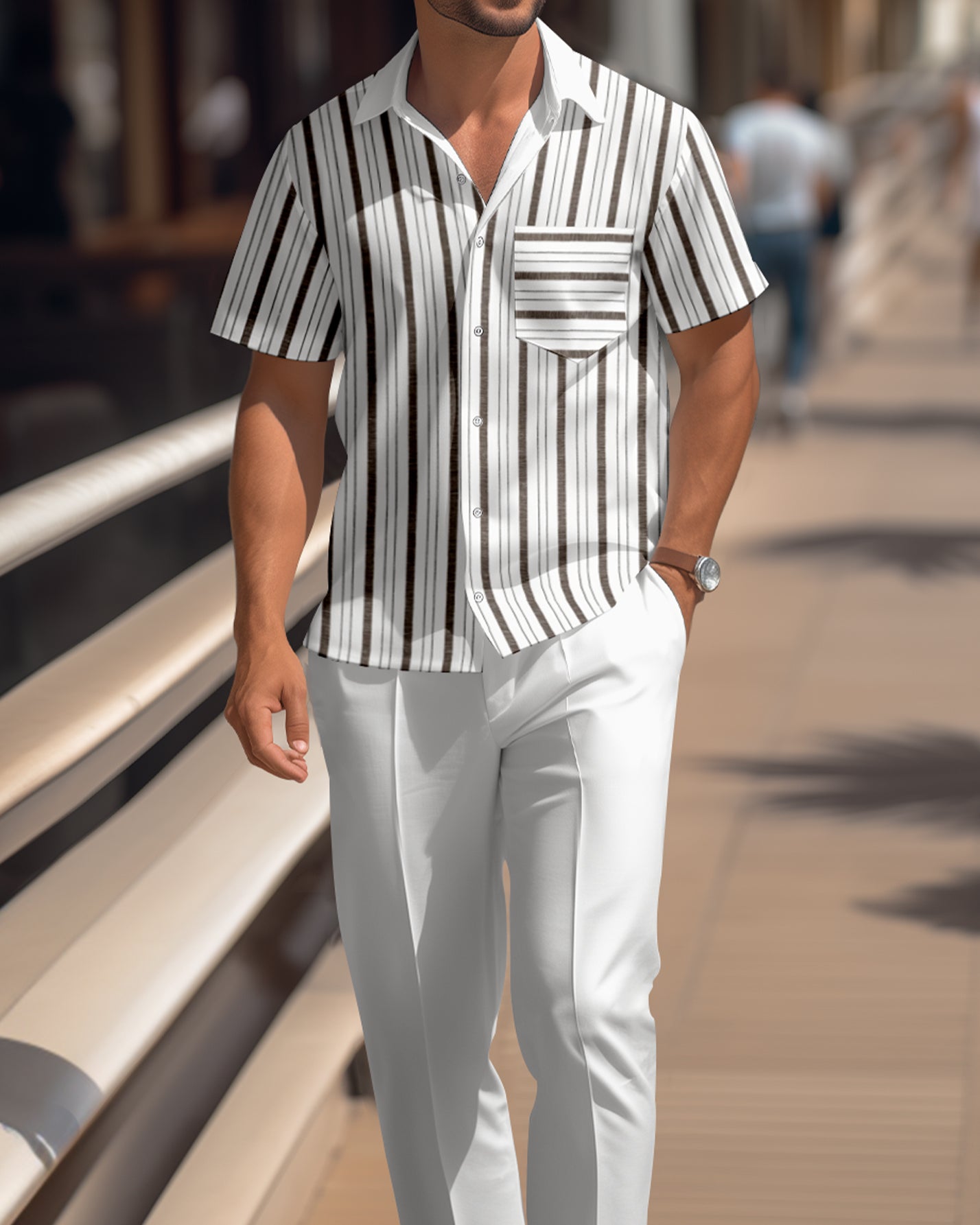 Men's White Striped Colorblock Short Sleeve Shirt Walking Suit 1669