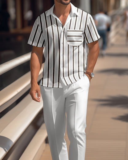 Men's White Striped Colorblock Short Sleeve Shirt Walking Suit 1669