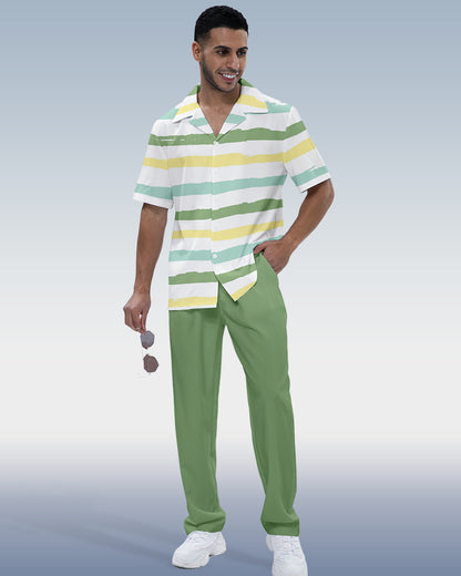 Rianmond Men's Striped Print Short Sleeve Shirt Walking Set 456