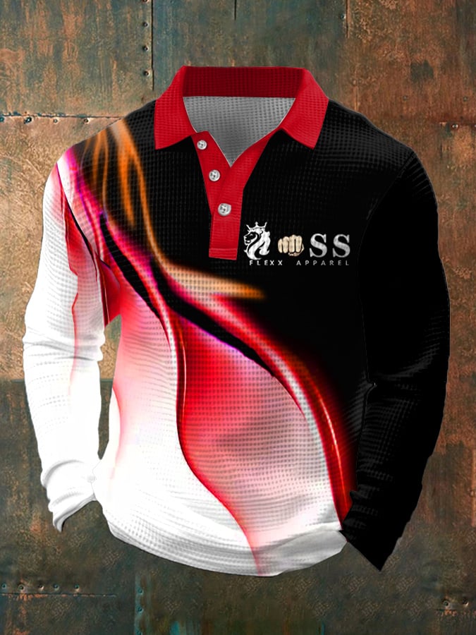 Men's Retro Letter Design Waffle Fabric Long Sleeve Polo Shirt