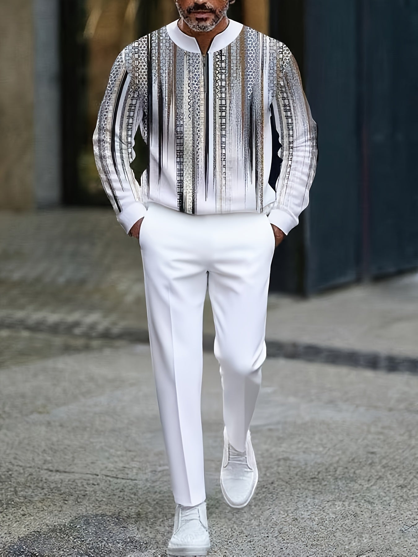 Men's Casual Color Matching Printed Round-Neck Zipper Long Sleeved Trousers Two-Piece Set