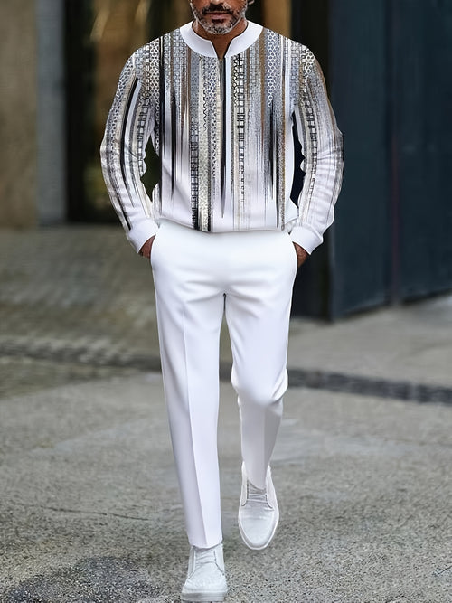 Men's Casual Color Matching Printed Round-Neck Zipper Long Sleeved Trousers Two-Piece Set