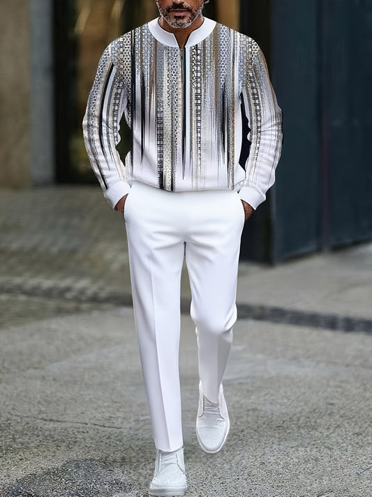 Men's Casual Color Matching Printed Round-Neck Zipper Long Sleeved Trousers Two-Piece Set