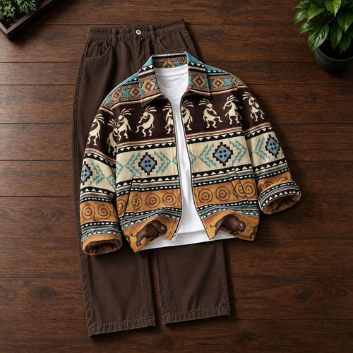 Men's Printed Lapel-Collar Zip-Up Cardigan and Pants Set