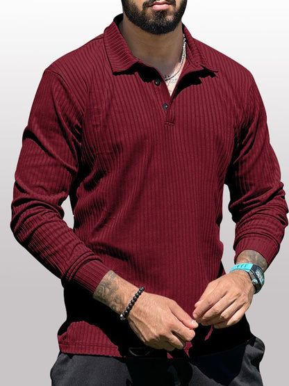 Ribbed Casual Long Sleeve Half Button Knit Polo Shirt