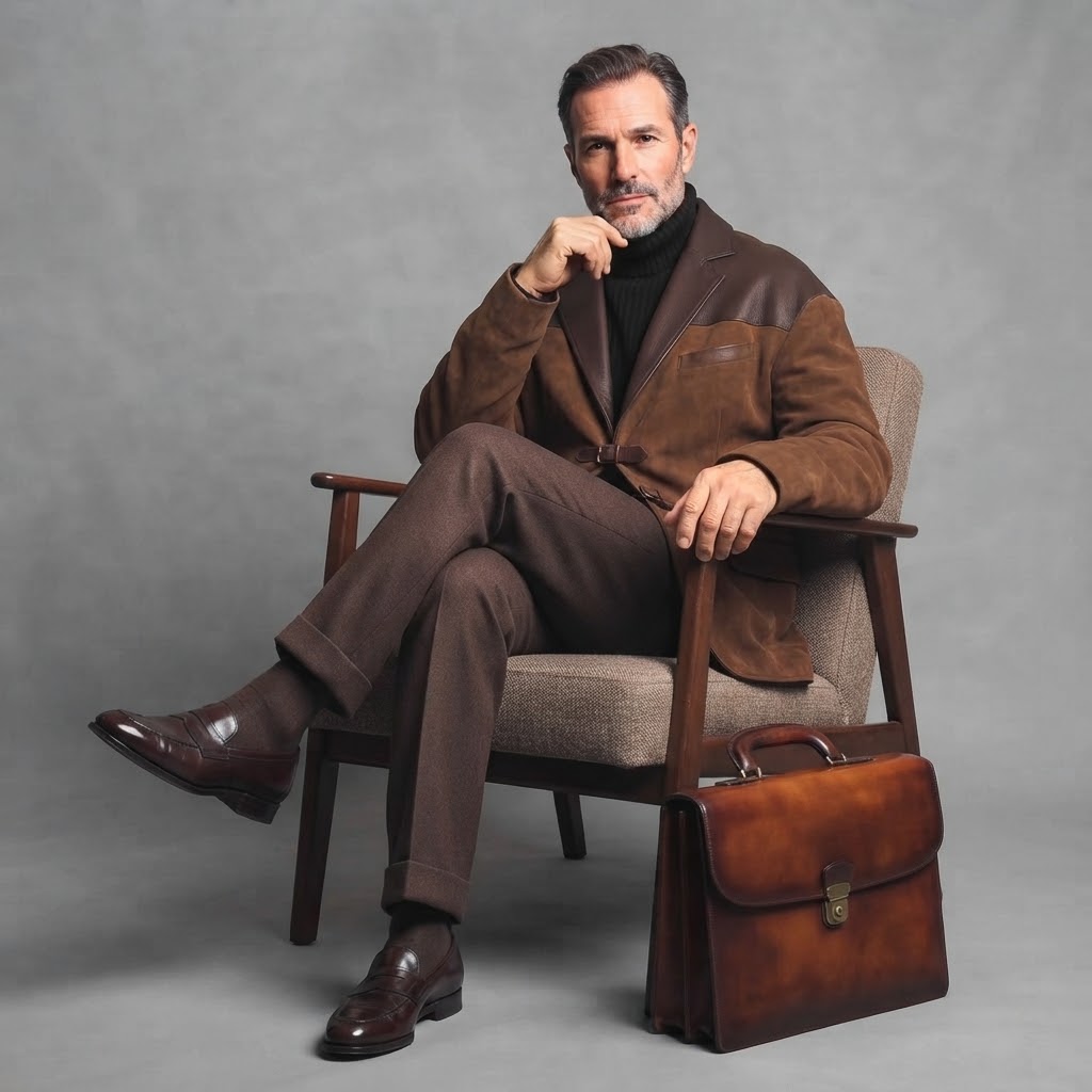 Men's Brown Suede PU Leather Drop Shoulder Notch Lapel Double Buckle Closure Blazer