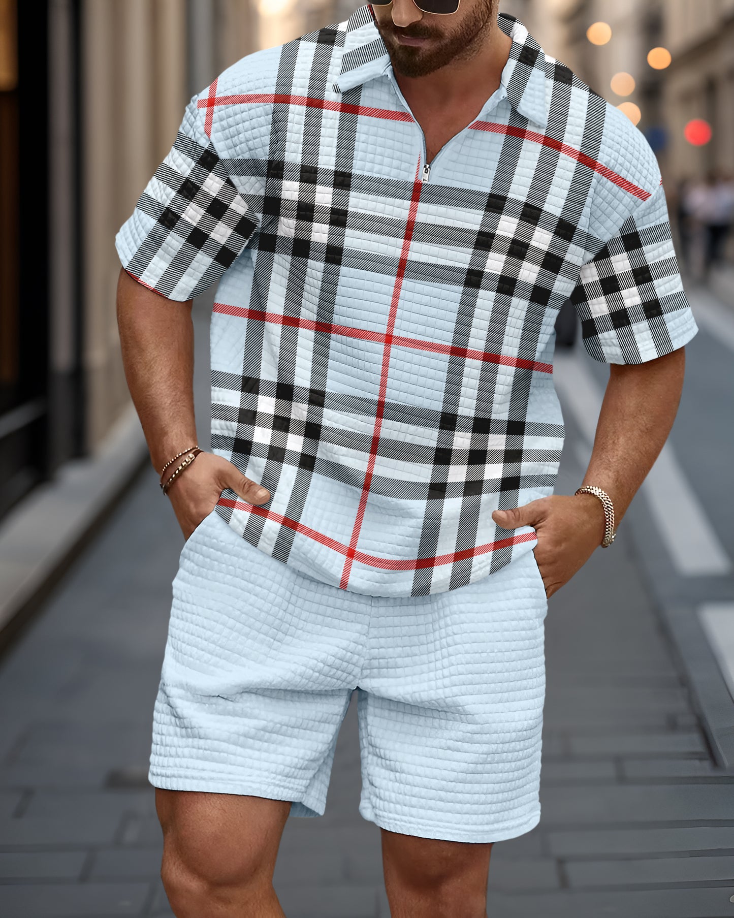 Men's Casual Art Print Waffle Texture Summer Polo Set 082