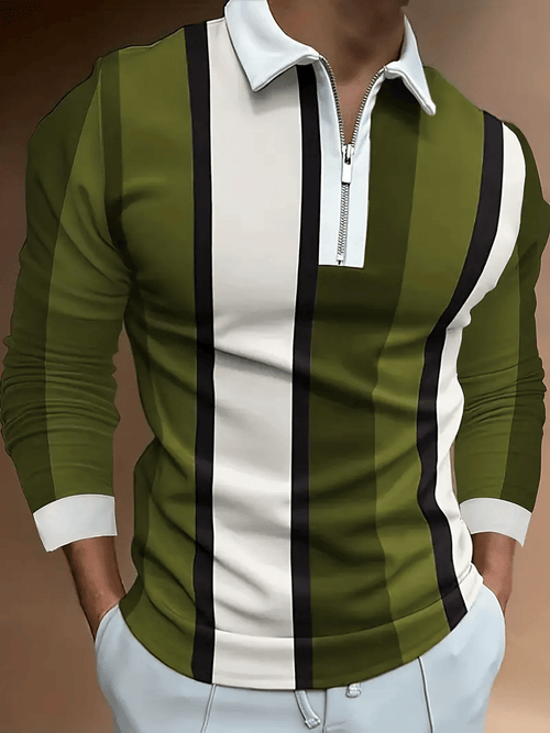 Men's Trendy Business Striped Zipper Polo Shirt