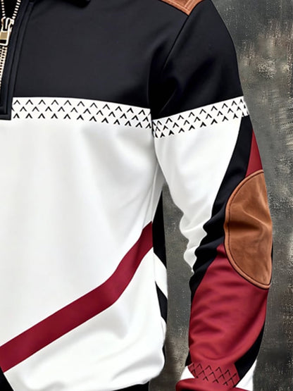 Men's Retro Color Block Print Zipper Sweatshirt