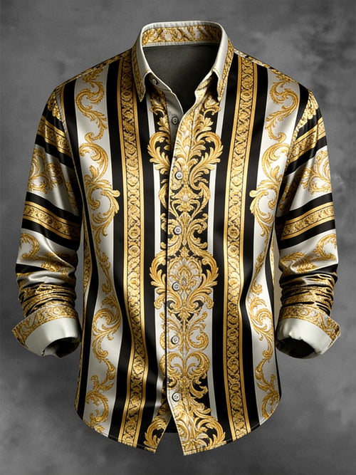 Men's Retro Business Color Block Striped Pattern Long-Sleeve Shirt