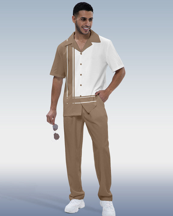 Rianmond Men's Khaki Panel Print Short Sleeve Walking Suit 510