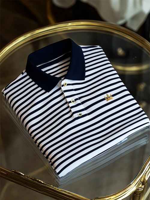 Men's Business Casual Striped Button Short Sleeve Polo Shirt