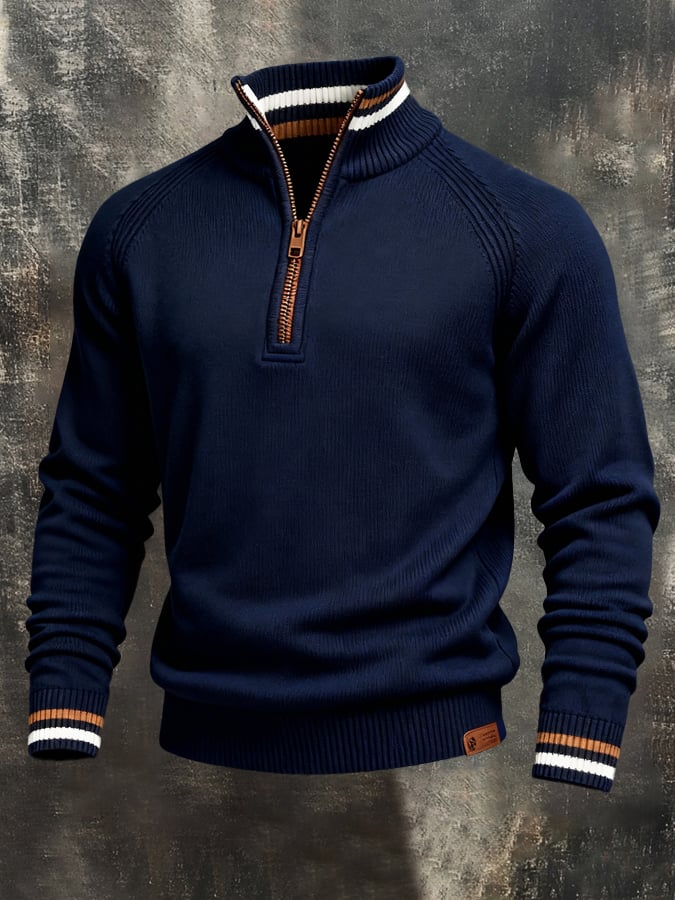 Men'S Vintage Style Color-Block Long-Sleeved Knitted Sweatshirt