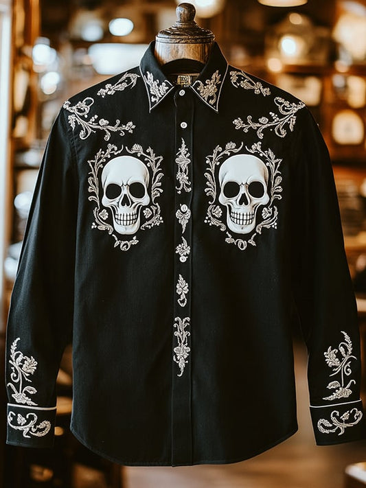 Men's Retro Casual Skull Print Long Sleeve Shirt