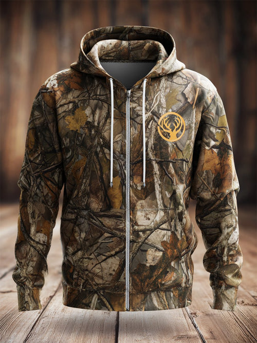 Men's Retro Leaf Camouflage Hunting Full-Zip Cardigan Hoodie