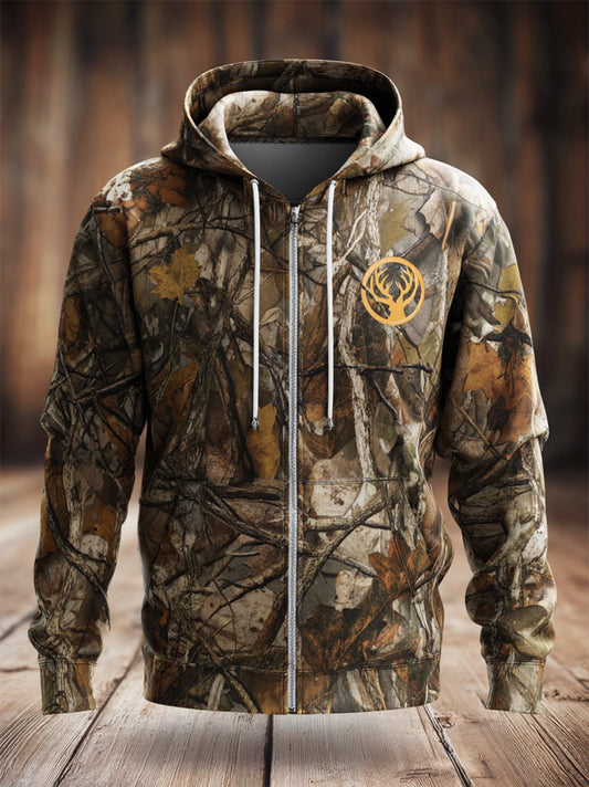 Men's Retro Leaf Camouflage Hunting Full-Zip Cardigan Hoodie