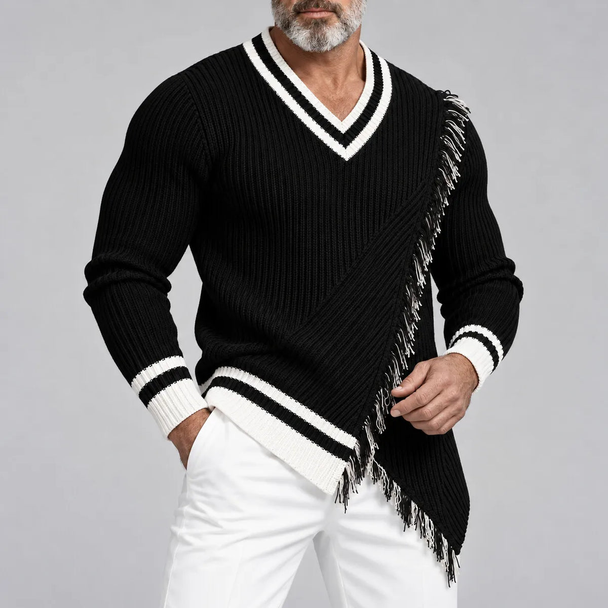 Men's Black V Neck Contrast Trim Fringe Asymmetrical Hem Ribbed Knit Sweater