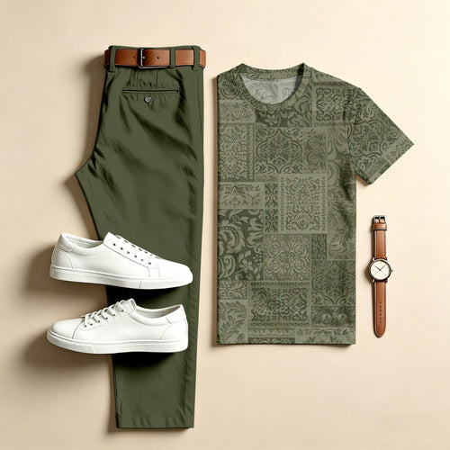 Men's Casual Dark Green Two-Piece Set: Printed Crew Neck Short-Sleeve Top & Long Pants