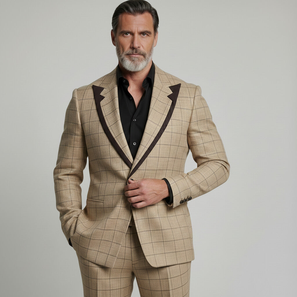 Men's Elegant Khaki Plaid Print Contrast Peak Lapel Business Casual Blazer
