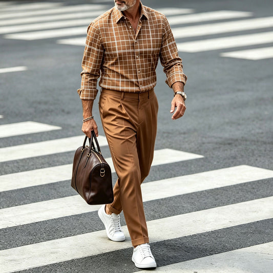 Men's Checkered Long-Sleeve Shirt and Pants Set with a Notched Collar