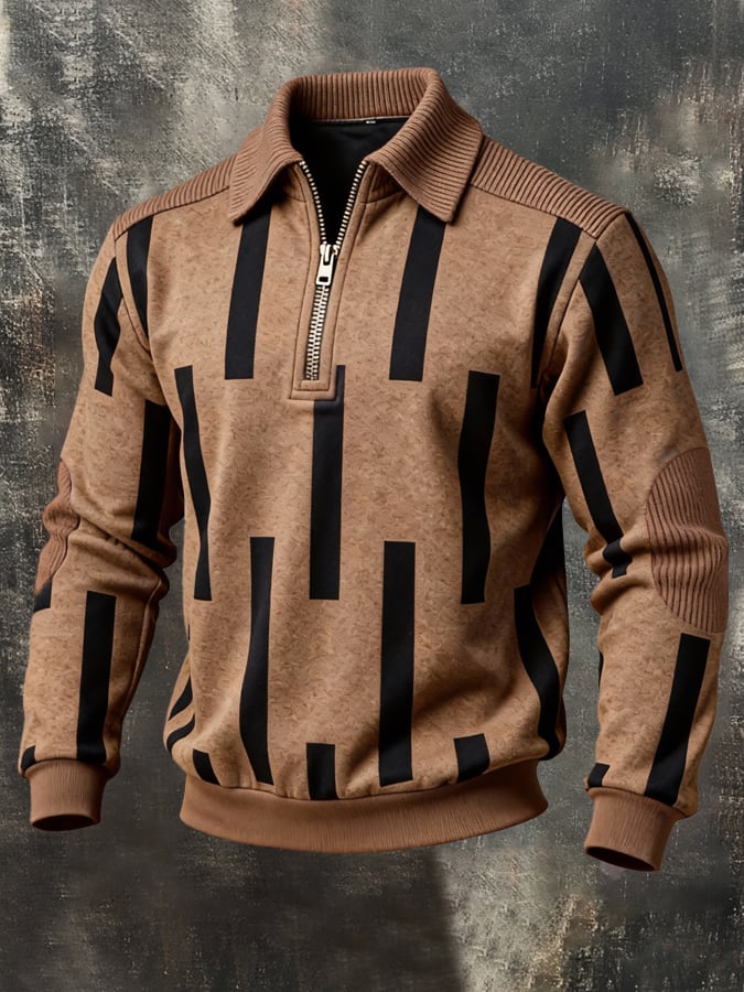Men's Retro Color Block Print Color-Blocked Zip-Up Sweatshirt