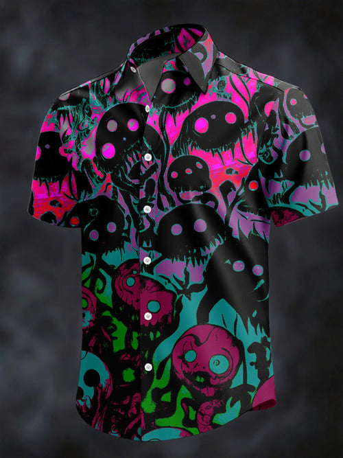 Men's Retro Horror Skull Print Lapel Short Sleeve Shirt