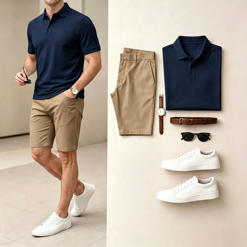 Men's Casual Navy Color Polo Shirt & Shorts Two-Piece Set