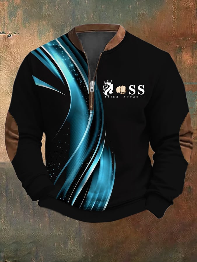 Men's Retro Letter Design Printed Casual Zipper Collar Long-Sleeved Sweatshirt