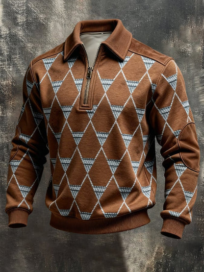 Men's Retro Color Block Print Color-Blocked Zip-Up Sweatshirt