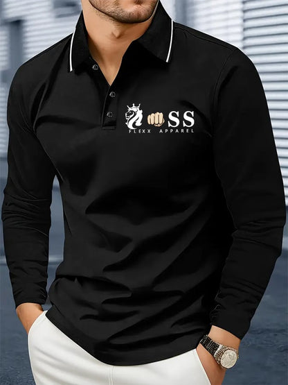 Men's Retro Letter Design Business Long Sleeve Polo Shirt