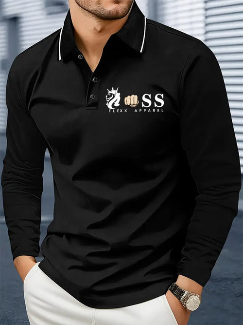 Men's Retro Letter Design Business Long Sleeve Polo Shirt