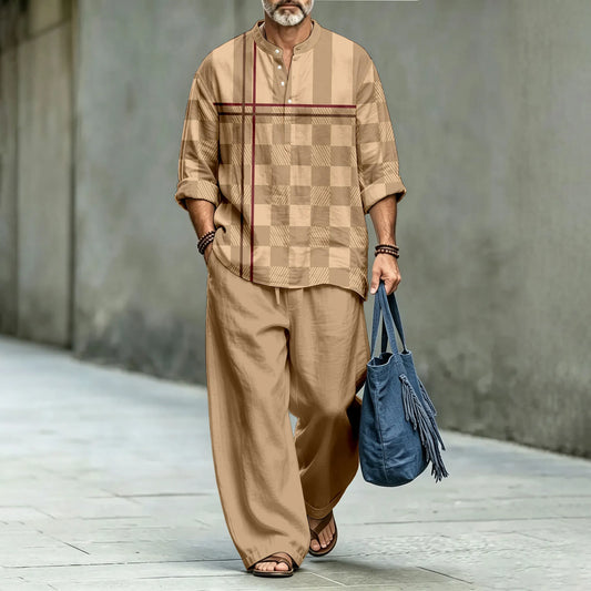 Men's Brown Stand-Collar Polo Shirt and Long Pants Two-Piece Suit Set