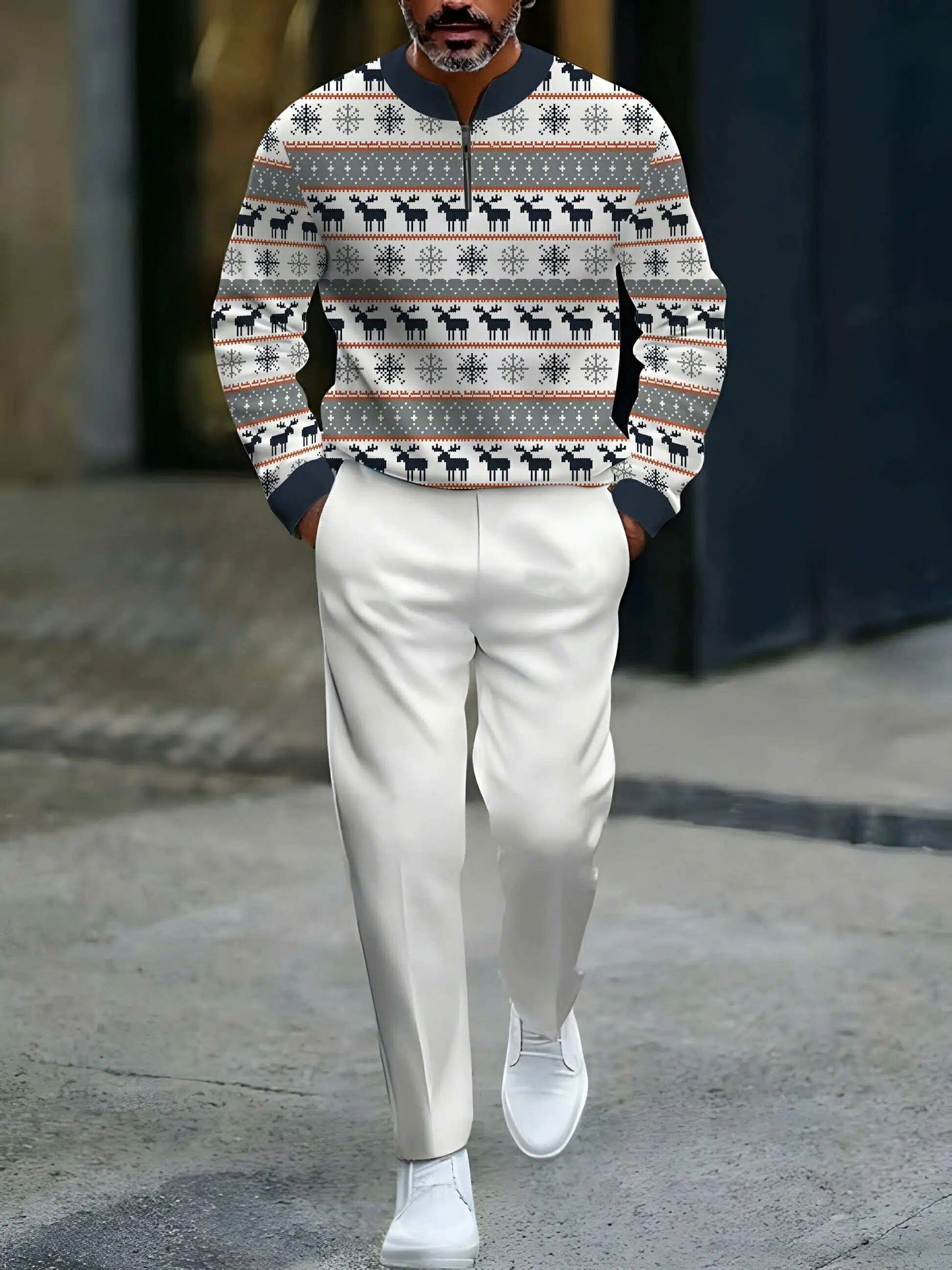 Men's Casual White & Navy Color Matching Christmas Printed Round-Neck Zipper Long Sleeved Sweatshirt & Trousers Two-Piece Set