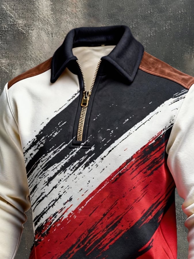 Men's Retro Color Block Print Color-Blocked Zip-Up Sweatshirt