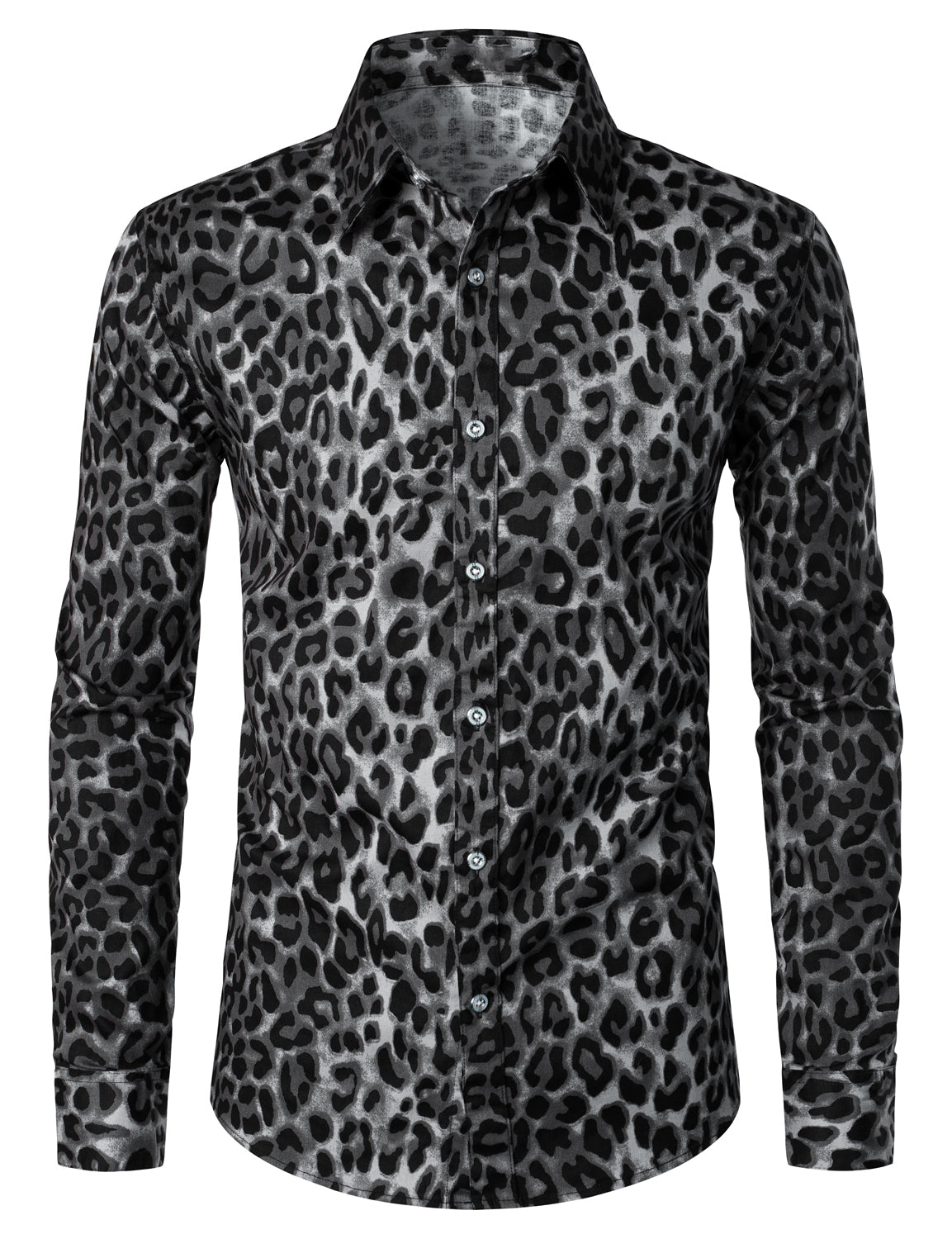 Men's Grey Snow Leopard Print Animal Casual Rock Cool Cotton Long Sleeve Shirt